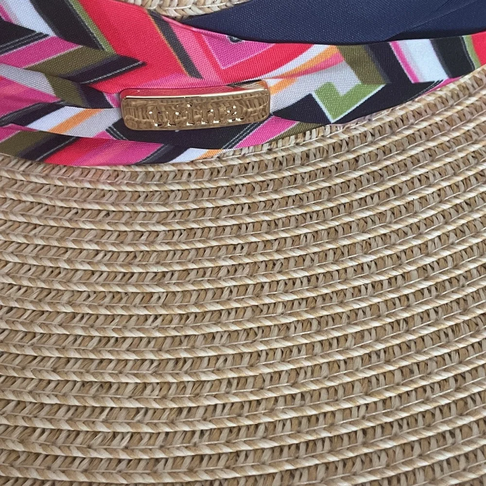 Trina Turk Azure Wide Brim Straw Adjustable Fedora with Pink Patterned Band NWT - Picture 6 of 9